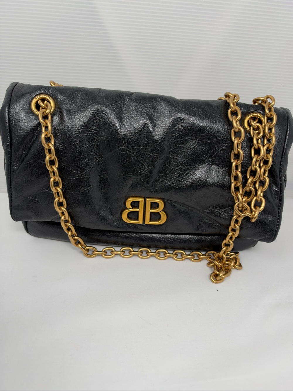 Balenciaga Black Quilted Leather Crossbody with Gold Chain